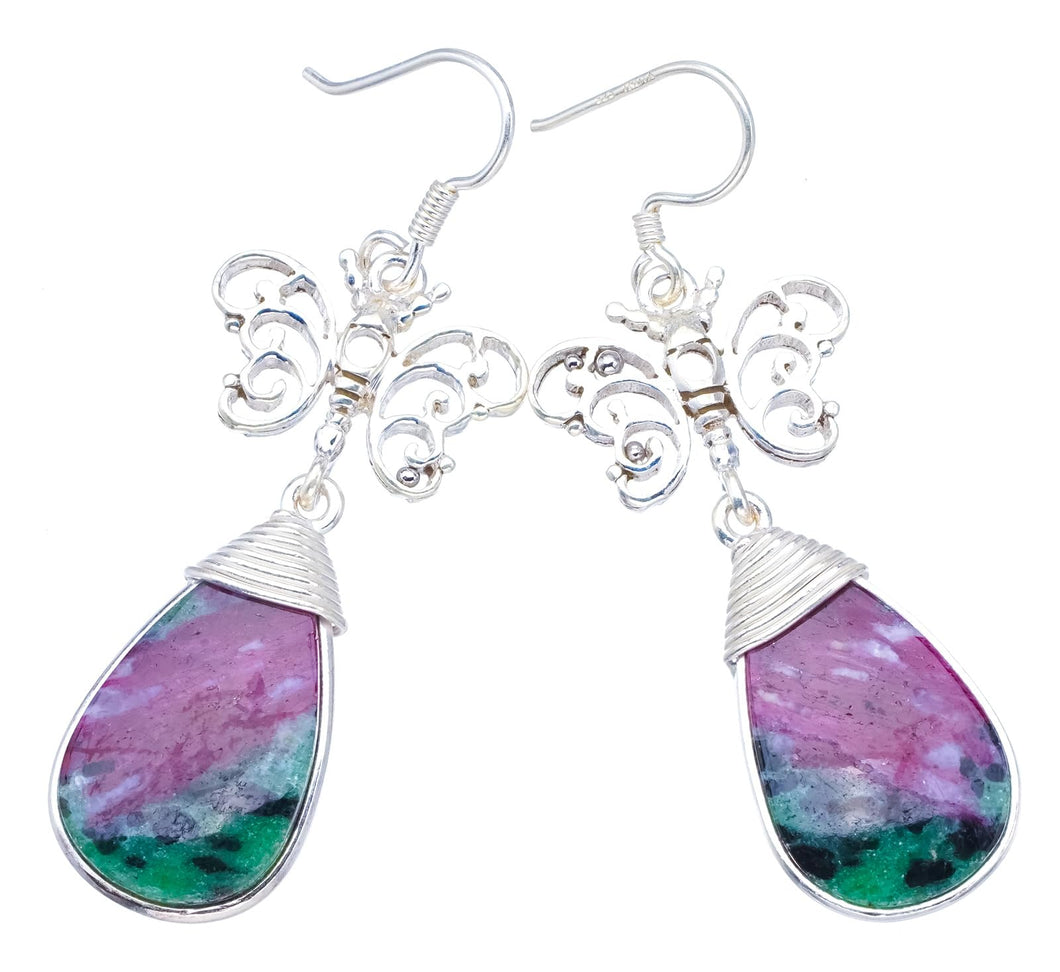 StarGems  Natural Ruby Zoisite Butterfly Handmade Vintage 925 Sterling Silver Earrings 2 1/4