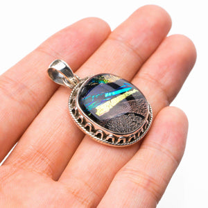 StarGems® Natural Rainbow Dichroic Glass Handmade 925 Sterling Silver Pendant 1.5" D9797