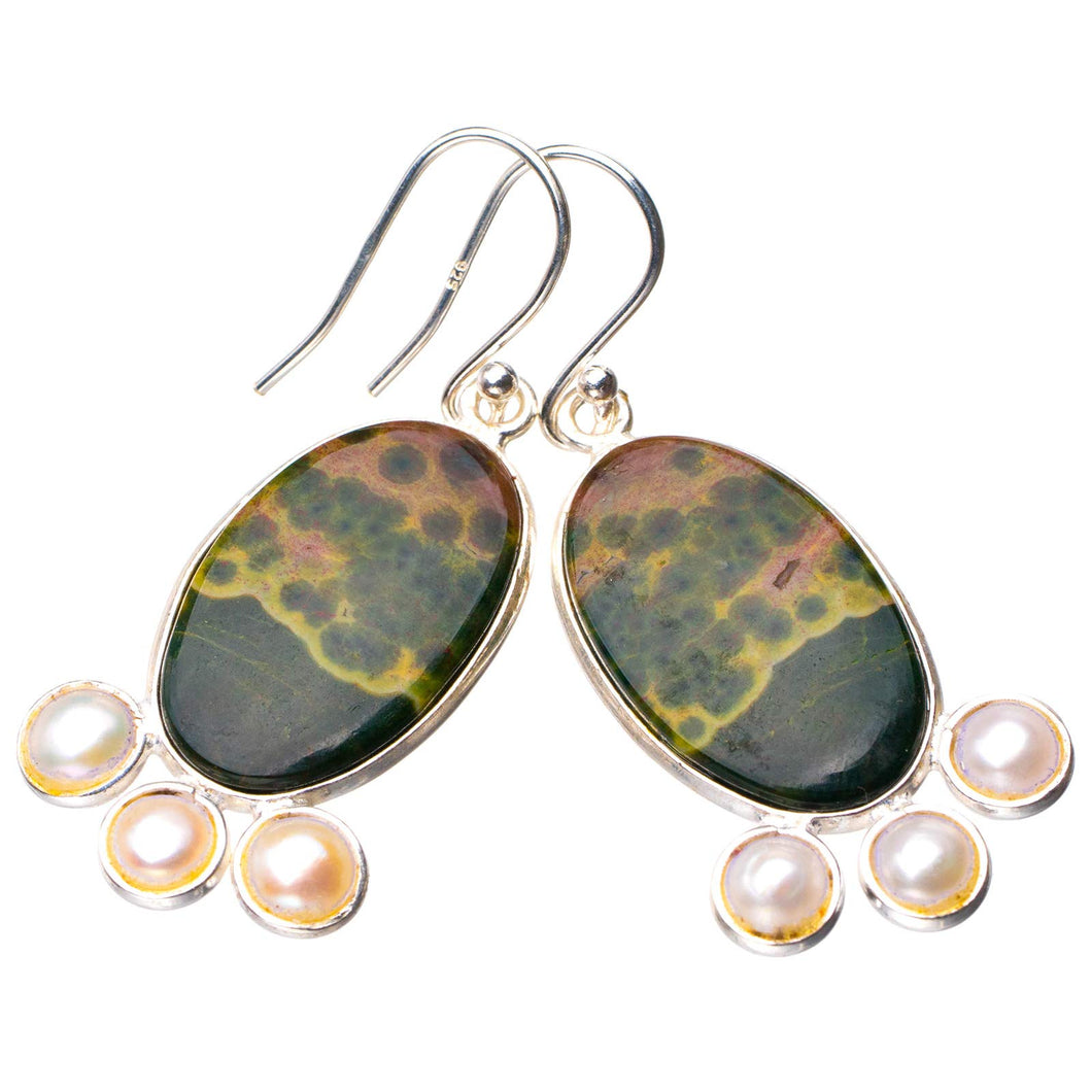 StarGems® Natural Ocean Jasper And River Pearl Handmade 925 Sterling Silver Earrings 1.75