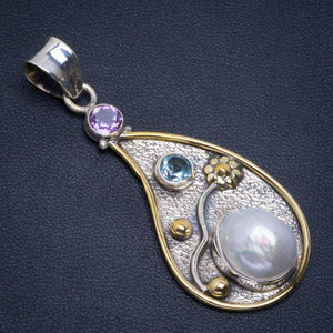 StarGems  Natural Two Tones Biwa Pearl,Amethyst and Blue Topaz 925 Sterling Silver Pendant 2" B4038