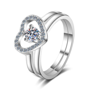 StarGems  Hollow-Out Heart Double Band Three Prong 0.3ct Moissanite 925 Silver Platinum Plated Ring RX030