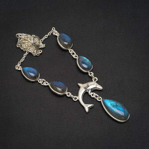 StarGems  Natural Blue Fire Labradorite Handmade Unique 925 Sterling Silver Necklace 16.5+1.25" A3165