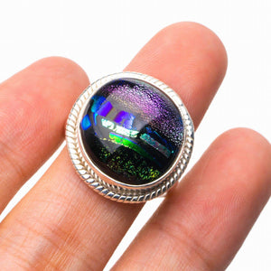 StarGems  Natural Rainbow Dichroic Glass Handmade 925 Sterling Silver Ring 4.75 D7974