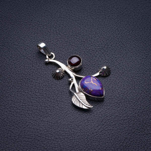 StarGems  Natural Copper Turquoise And Amethyst Leaf Handmade 925 Sterling Silver Pendant 1.75" D1763