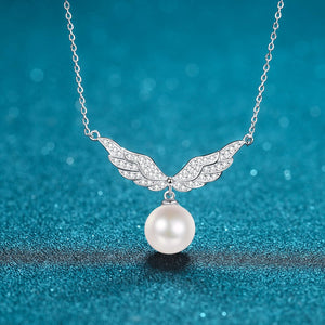 StarGems® 10mm River Pearl Angle' Wings 0.75cttw Moissanite 925 Silver Platinum Plated Necklace 40+5cm NX078