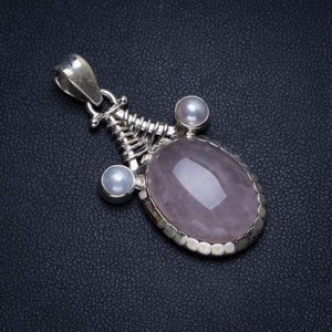 StarGems® Natural Rose Quartz and River Pearl Handmade Boho 925 Sterling Silver Pendant 1 3/4" T1234