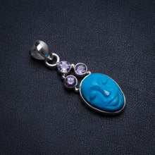 StarGems  Natural Carved Face Synthetic Turquoise and Amethyst Mexican 925 Sterling Silver Pendant 1 1/2" T1501