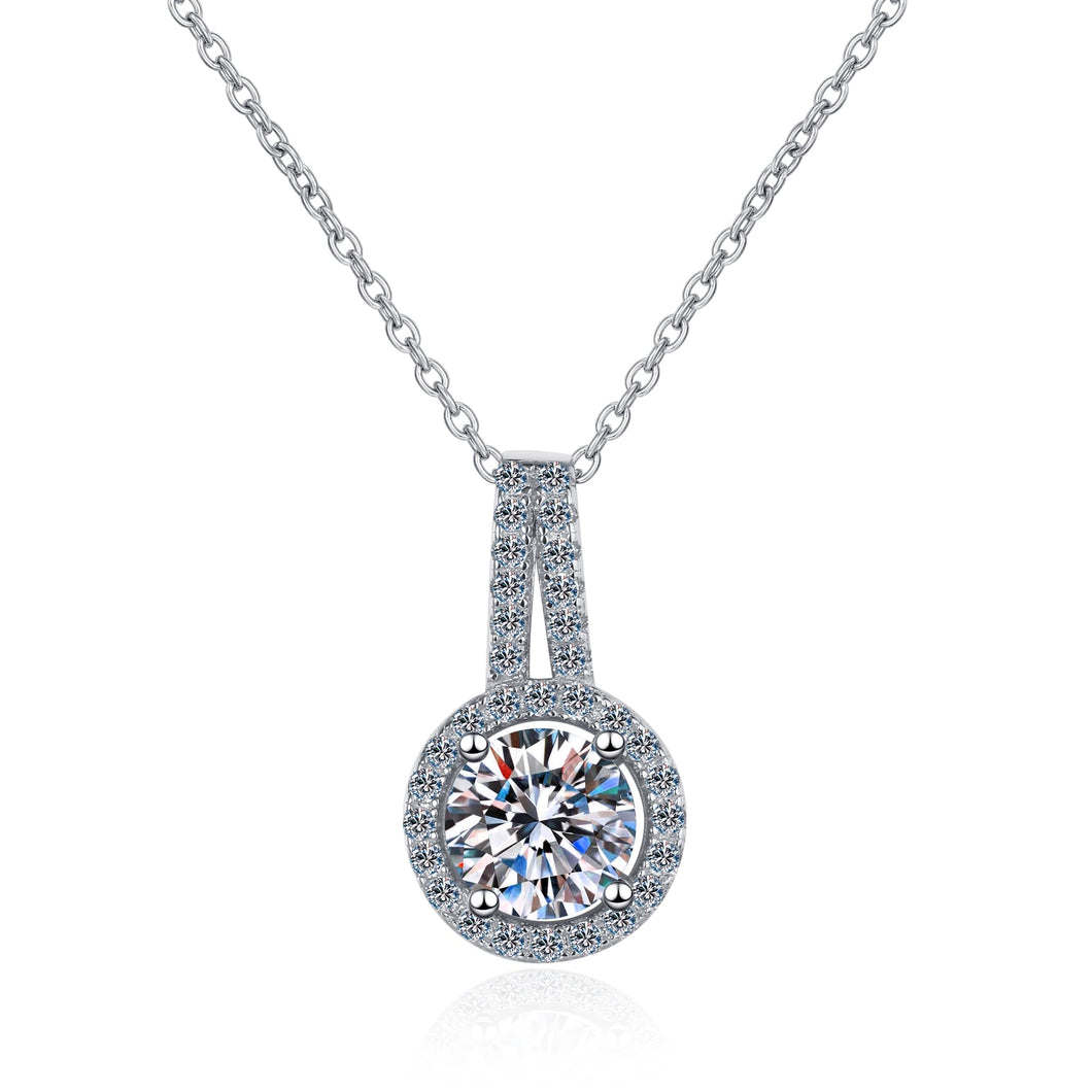 StarGems® Four Prong Round 1ct Moissanite 925 Silver Platinum Plated Necklace 40+5cm NX125