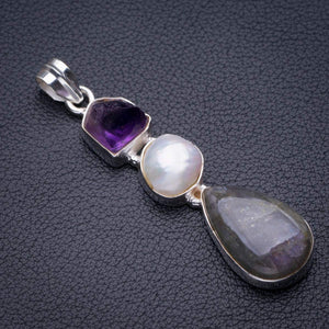 StarGems  Natural Blue Fire Labradorite,Biwa Pearl And Amethyst Rough Handmade 925 Sterling Silver Pendant 2.5" D5338