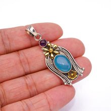 StarGems  Natural Two Tones Chalcedony and Amethyst Handmade Boho Flower Shape 925 Sterling Silver Pendant 2" S0844