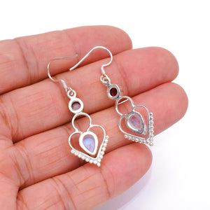 StarGems  Natural Rainbow Moonstone and Amethyst Handmade Unique Heart Shape 925 Sterling Silver Earrings 1 1/2" S1568