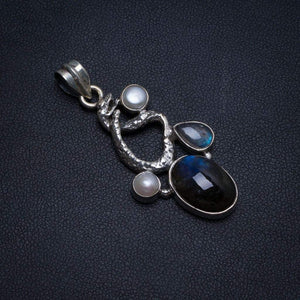 StarGems® Natural Labradorite and River Pearl Handmade Mexican 925 Sterling Silver Pendant 1 3/4" T0311