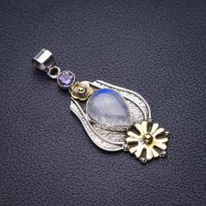 StarGems  Natural Two Tones Rainbow Moonstone And Amethyst Flower Handmade 925 Sterling Silver Pendant 2.25" D5724