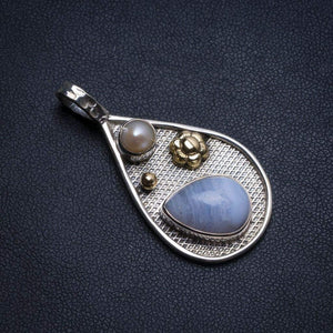 StarGems® Natural Two Tones Blue Lace Agate and River Pearl Vintage Flower Shape 925Sterling Silver Pendant 1 3/4" T1580