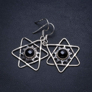 StarGems® Natural Black Onyx Handmade Unique Fivestar Shape 925 Sterling Silver Earrings 1 1/2" T3303