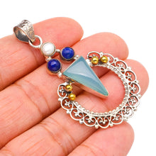 StarGems  Natural Two Tones Chalcedony,Lapis Lazuli and River Pearl 925 Sterling Silver Pendant 2 1/4" S0929