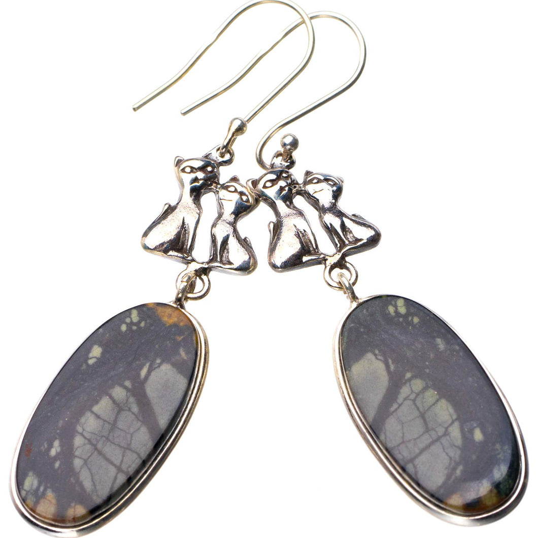 StarGems  Natural Picasso Jasper Cat Handmade 925 Sterling Silver Earrings 2.5