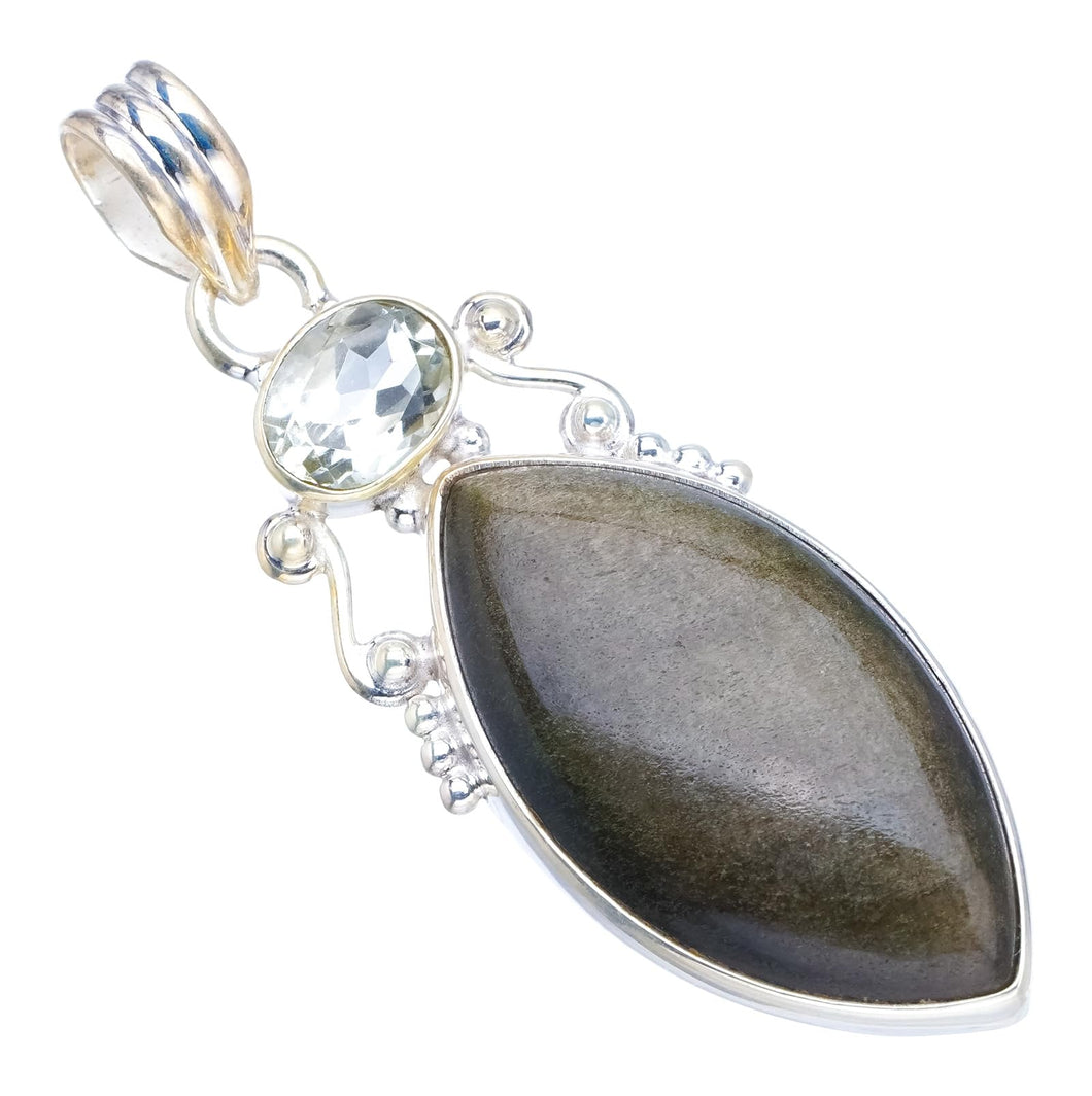 StarGems® Natural Black Cat Eye and Green Amethyst Punk Style 925 Sterling Silver Pendant 2