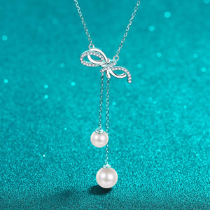 StarGems  6mm River Pearl Bowknot Tassel 0.157cttw Moissanite 925 Silver Platinum Plated Necklace 40+5cm NX071
