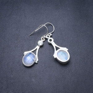 StarGems  Natural Rainbow Moonstone and Blue Topaz Handmade Unique 925 Sterling Silver Earrings 1.5" Y3140