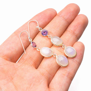 StarGems  Natural Rainbow Moonstone And Amethyst Handmade 925 Sterling Silver Earrings 2" D7380