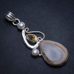 StarGems® Natural Imperial Jasper,Citrine and River Pearl Unique Heart Shape 925 Sterling Silver Pendant 2 1/4" T1393