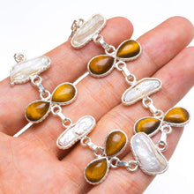 StarGems  Natural Biwa Pearl and Tiger Eye Handmade Unique 925 Sterling Silver Bracelet 6.25-7.5" A2898