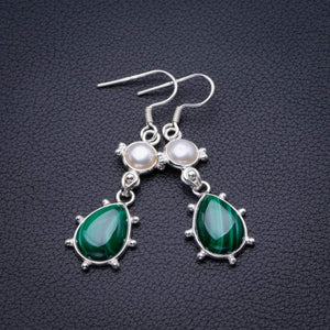 StarGems  Natural Malachite And River Pearl Handmade 925 Sterling Silver Earrings 2" D3884