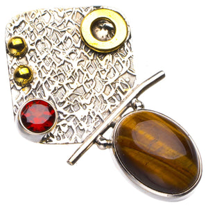 StarGems  Natural Two Tones Tiger Eye And Garnet Handmade 925 Sterling Silver Pendant 1.5" D5580