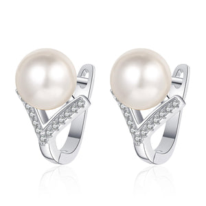 StarGems® 8mm Pearl V-Shaped 0.13cttw Moissanite 925 Silver Platinum Plated Cuff Dangle Earrings EX105