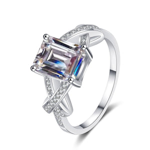 StarGems  Emerald Cut Four Prong Cross Band 3ct Moissanite 925 Silver Platinum Plated Ring RX050