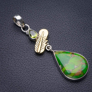 StarGems  Natural Two Tones Copper Turquoise And Peridot Feather Handmade 925 Sterling Silver Pendant 2.5" D5513