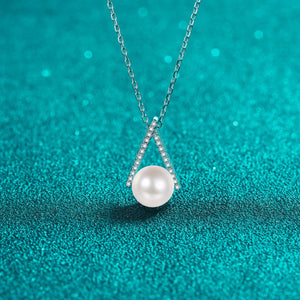 StarGems  8mm River Pearl Reversed V 0.11cttw Moissanite 925 Silver Platinum Plated Necklace 40+5cm NX068