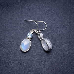 StarGems  Natural Rainbow Moonstone and Blue Topaz Handmade Unique 925 Sterling Silver Earrings 1.25" X4383