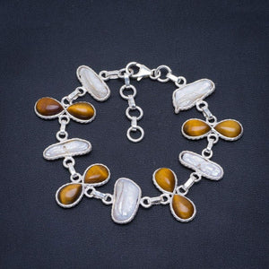 StarGems  Natural Biwa Pearl and Tiger Eye Handmade Unique 925 Sterling Silver Bracelet 6.25-7.5" A2898