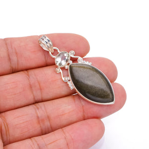 StarGems® Natural Black Cat Eye and Green Amethyst Punk Style 925 Sterling Silver Pendant 2" S1224