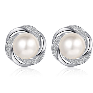 StarGems® 8mm AAAA Pearls&Plum Blossom 0.168cttw Moissanite 925 Silver Platinum Plated Stud Earrings EX062