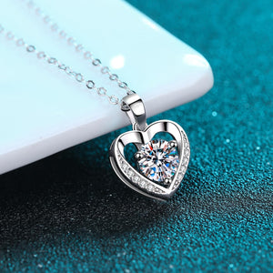 StarGems® Hollow-Out Heart Shape Three Prong 1ct Moissanite 925 Silver Platinum Plated Necklace 40+5cm NX096