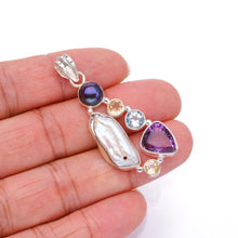 StarGems  Natural Biwa Pearl,Blue Topaz,Citrine,Amethyst and River Pearl 925Sterling Silver Pendant 2" S0237