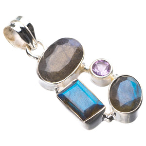 StarGems  Natural Blue Fire Labradorite And Amethyst Handmade 925 Sterling Silver Pendant 1.5" D9885