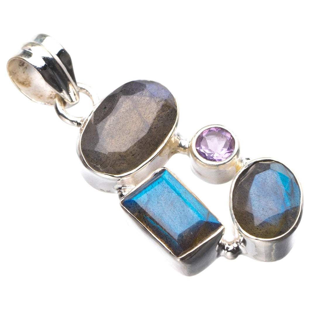 StarGems  Natural Blue Fire Labradorite And Amethyst Handmade 925 Sterling Silver Pendant 1.5