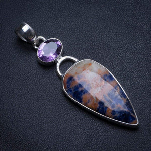 StarGems  Natural Navy Sodalite and Amethyst Handmade Vintage 925 Sterling Silver Pendant 2 1/4" T2195