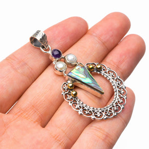 StarGems  Natural Two Tones Abalone Shell,River Pearl And Amethyst Handmade 925 Sterling Silver Pendant 2" D6358