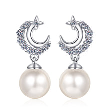 StarGems® 8mm AAAA Pearls&Star,Moon 0.35cttw Moissanite 925 Silver Platinum Plated Stud Earrings EX061