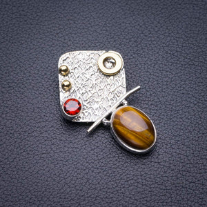 StarGems  Natural Two Tones Tiger Eye And Garnet Handmade 925 Sterling Silver Pendant 1.5" D5580