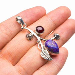 StarGems  Natural Copper Turquoise And Amethyst Leaf Handmade 925 Sterling Silver Pendant 1.75" D1763