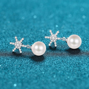 StarGems® 8mm AAAA Pearls& Snowflake 0.246cttw Moissanite 925 Silver Platinum Plated Stud Earrings EX059