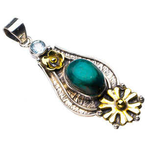 StarGems  Natural Two Tones Malachite And Blue Topaz Flower Handmade 925 Sterling Silver Pendant 2" D6207