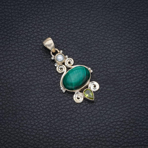 StarGems® Natural Malachite,Peridot and River Pearl Boho Style 925 Sterling Silver Pendant 1 3/4" S0365