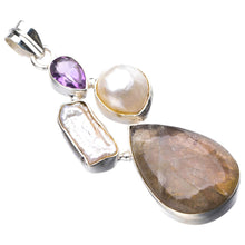 StarGems  Natural Blue Fire Labradorite,Biwa Pearl And Amethyst Handmade 925 Sterling Silver Pendant 2.25" D9889